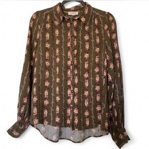 Andree Olive Floral Button Up Blouse Medium Boho Cottagecore Rayon
